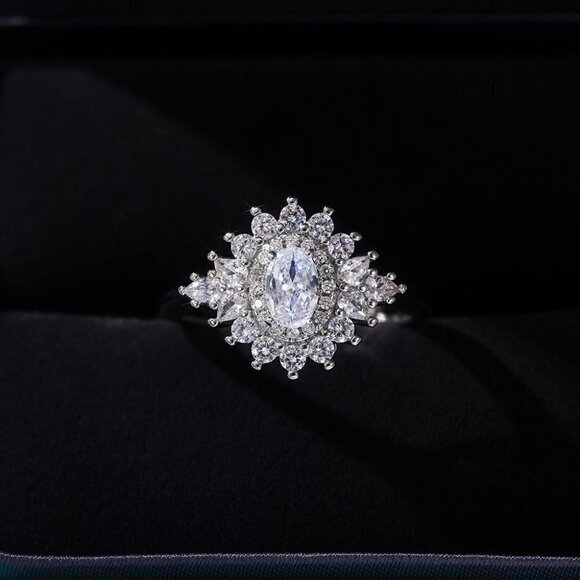 Jewelry - Sweet Refine Zircon Lovely Silver Dainty Luxury Flower Rings for Women, INDN8574